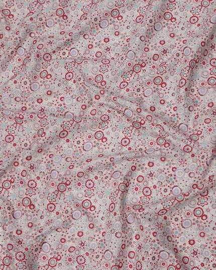 Blush Beige Cotton Lawn Fabric with Red & Lavender Floral Tile Print, 110 Cms Width, Made in Japan-D24174