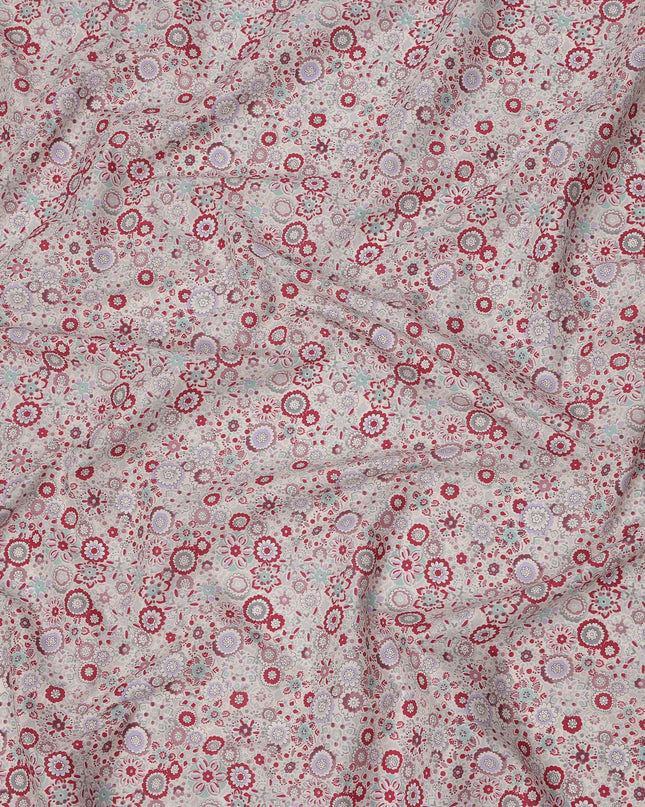 Blush Beige Cotton Lawn Fabric with Red & Lavender Floral Tile Print, 110 Cms Width, Made in Japan-D24174