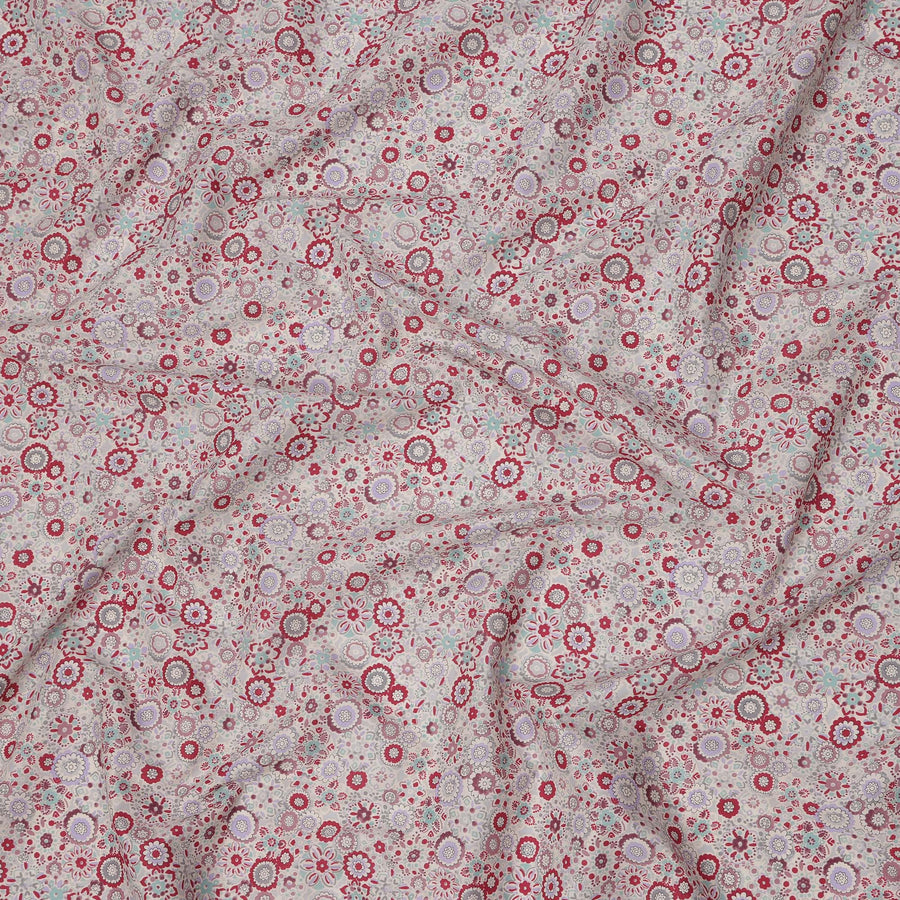 Blush Beige Cotton Lawn Fabric with Red & Lavender Floral Tile Print, 110 Cms Width, Made in Japan-D24174