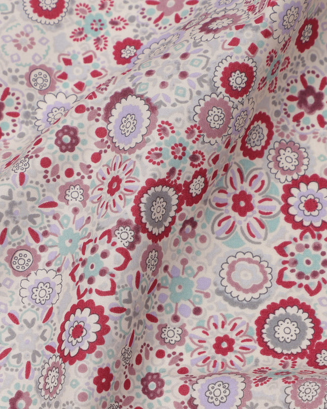 Blush Beige Cotton Lawn Fabric with Red & Lavender Floral Tile Print, 110 Cms Width, Made in Japan-D24174