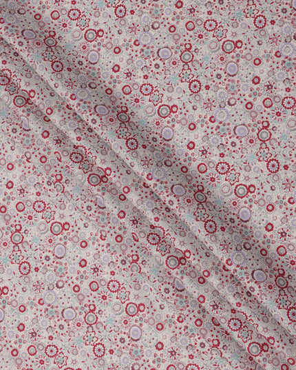 Blush Beige Cotton Lawn Fabric with Red & Lavender Floral Tile Print, 110 Cms Width, Made in Japan-D24174