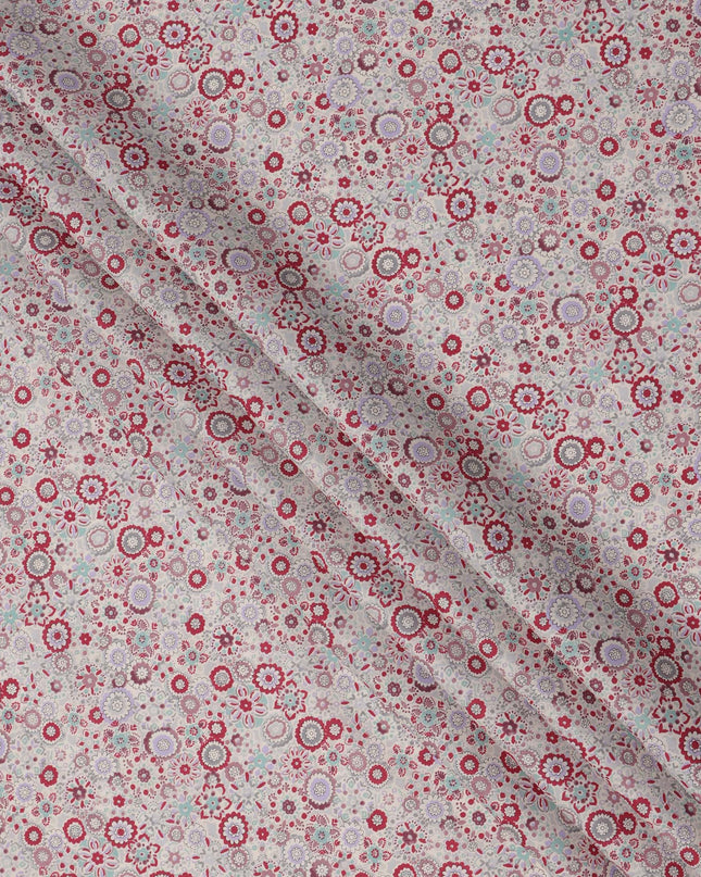 Blush Beige Cotton Lawn Fabric with Red & Lavender Floral Tile Print, 110 Cms Width, Made in Japan-D24174