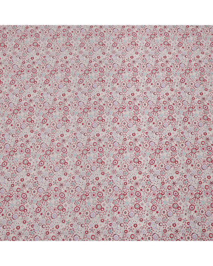 Blush Beige Cotton Lawn Fabric with Red & Lavender Floral Tile Print, 110 Cms Width, Made in Japan-D24174