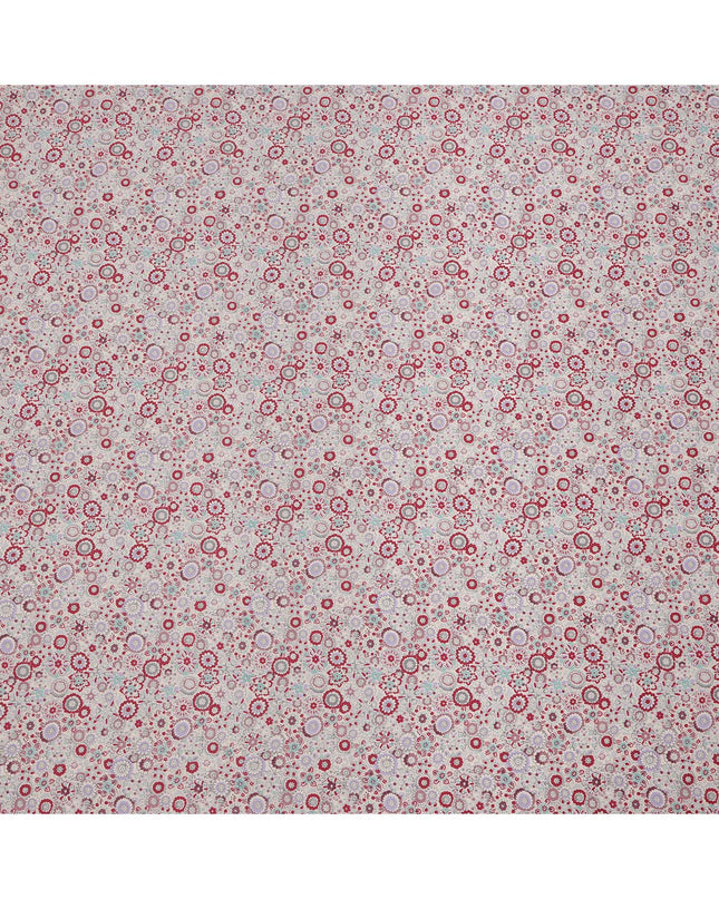 Blush Beige Cotton Lawn Fabric with Red & Lavender Floral Tile Print, 110 Cms Width, Made in Japan-D24174