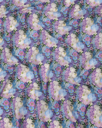 Sky Blue Cotton Lawn Fabric with Multicolor Floral Bunch Print, 110 Cms Width, Made in Japan-D24175