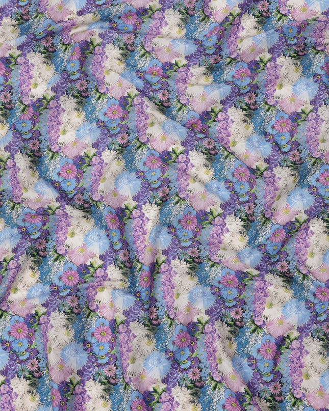 Sky Blue Cotton Lawn Fabric with Multicolor Floral Bunch Print, 110 Cms Width, Made in Japan-D24175