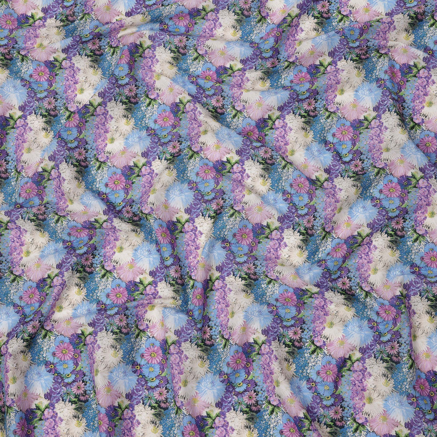 Sky Blue Cotton Lawn Fabric with Multicolor Floral Bunch Print, 110 Cms Width, Made in Japan-D24175
