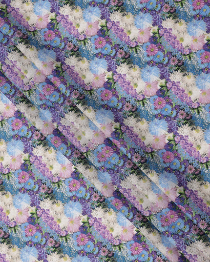 Sky Blue Cotton Lawn Fabric with Multicolor Floral Bunch Print, 110 Cms Width, Made in Japan-D24175