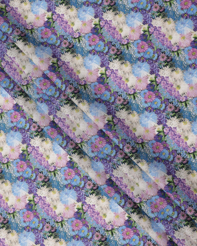 Sky Blue Cotton Lawn Fabric with Multicolor Floral Bunch Print, 110 Cms Width, Made in Japan-D24175