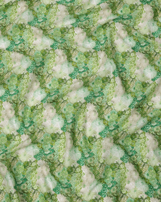 Emerald Green Cotton Lawn Fabric with Soft White & Mint Floral Bunch Print, 110 Cms Width, Made in Japan-D24176