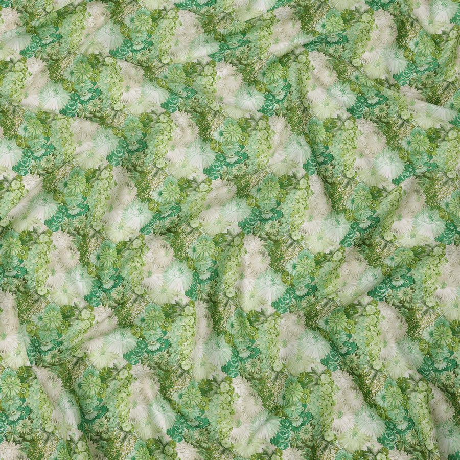 Emerald Green Cotton Lawn Fabric with Soft White & Mint Floral Bunch Print, 110 Cms Width, Made in Japan-D24176