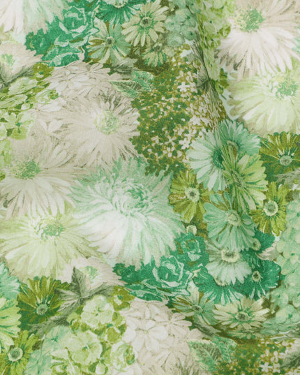 Emerald Green Cotton Lawn Fabric with Soft White & Mint Floral Bunch Print, 110 Cms Width, Made in Japan-D24176