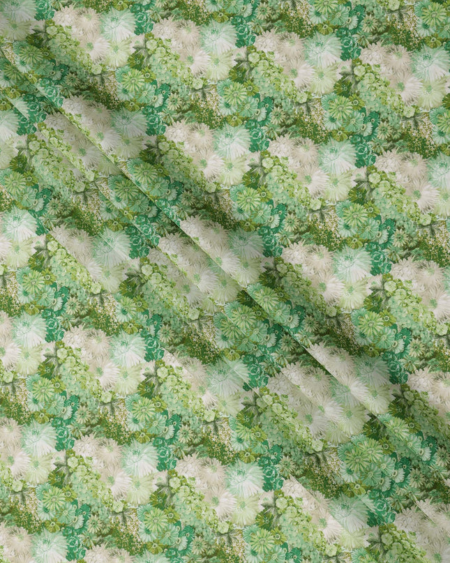 Emerald Green Cotton Lawn Fabric with Soft White & Mint Floral Bunch Print, 110 Cms Width, Made in Japan-D24176