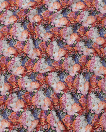 Multicolor Cotton Lawn Fabric with Vibrant Red, Orange & Pink Floral Bunch Print, 110 Cms Width, Made in Japan-D24177