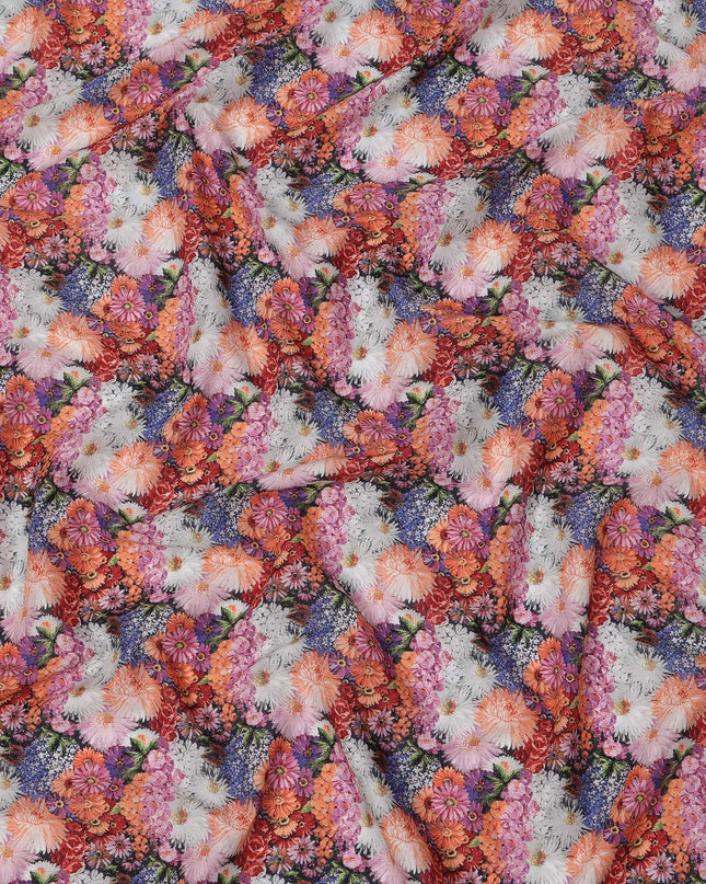 Multicolor Cotton Lawn Fabric with Vibrant Red, Orange & Pink Floral Bunch Print, 110 Cms Width, Made in Japan-D24177