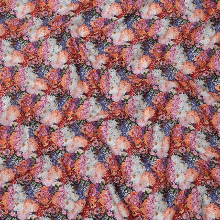 Multicolor Cotton Lawn Fabric with Vibrant Red, Orange & Pink Floral Bunch Print, 110 Cms Width, Made in Japan-D24177