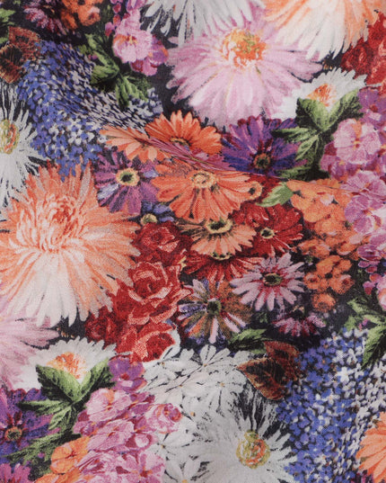 Multicolor Cotton Lawn Fabric with Vibrant Red, Orange & Pink Floral Bunch Print, 110 Cms Width, Made in Japan-D24177