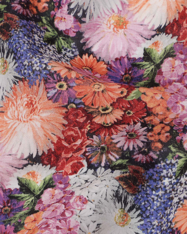 Multicolor Cotton Lawn Fabric with Vibrant Red, Orange & Pink Floral Bunch Print, 110 Cms Width, Made in Japan-D24177