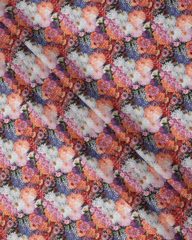 Multicolor Cotton Lawn Fabric with Vibrant Red, Orange & Pink Floral Bunch Print, 110 Cms Width, Made in Japan-D24177