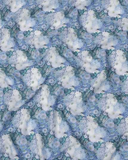 Powder Blue Cotton Lawn Fabric with White & Sky Blue Floral Bunch Print, 110 Cms Width, Made in Japan-D24178