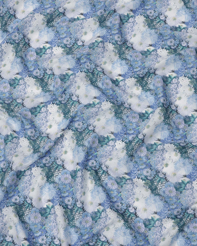 Powder Blue Cotton Lawn Fabric with White & Sky Blue Floral Bunch Print, 110 Cms Width, Made in Japan-D24178