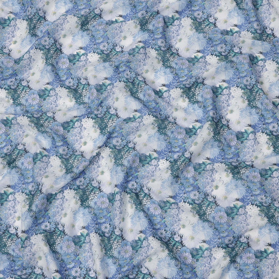 Powder Blue Cotton Lawn Fabric with White & Sky Blue Floral Bunch Print, 110 Cms Width, Made in Japan-D24178
