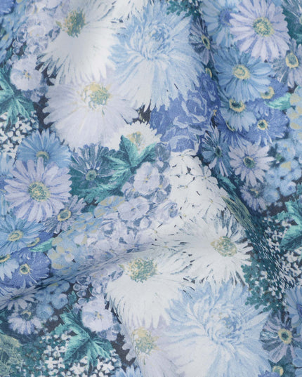 Powder Blue Cotton Lawn Fabric with White & Sky Blue Floral Bunch Print, 110 Cms Width, Made in Japan-D24178