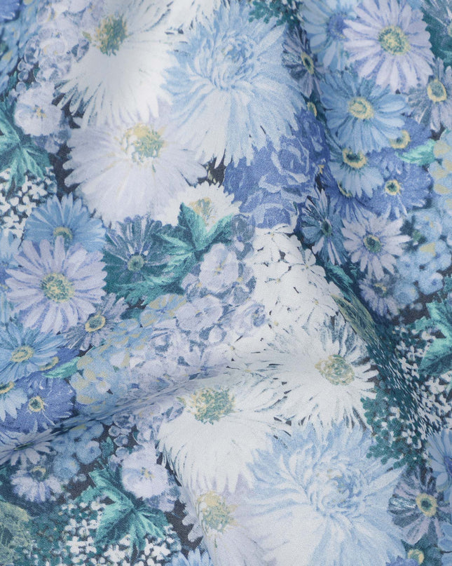 Powder Blue Cotton Lawn Fabric with White & Sky Blue Floral Bunch Print, 110 Cms Width, Made in Japan-D24178