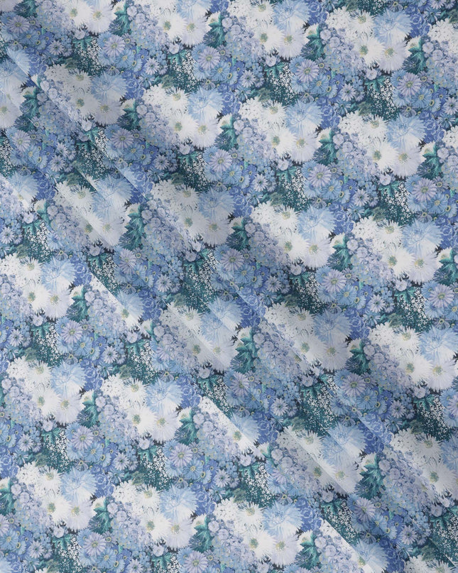 Powder Blue Cotton Lawn Fabric with White & Sky Blue Floral Bunch Print, 110 Cms Width, Made in Japan-D24178