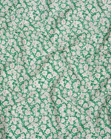 Emerald Green Cotton Lawn Fabric with White and Soft Pink Floral Print, 110 Cms Width, Made in Japan-D24179