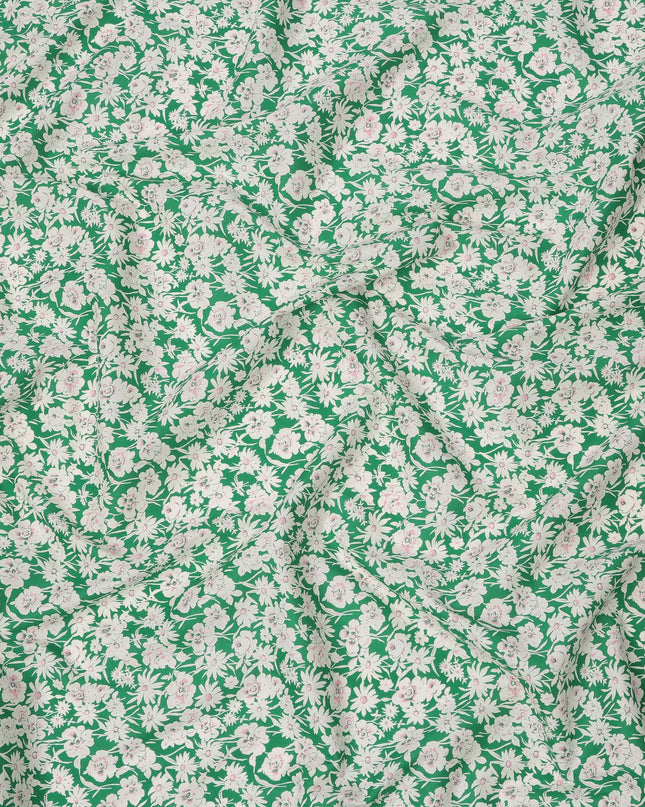 Emerald Green Cotton Lawn Fabric with White and Soft Pink Floral Print, 110 Cms Width, Made in Japan-D24179