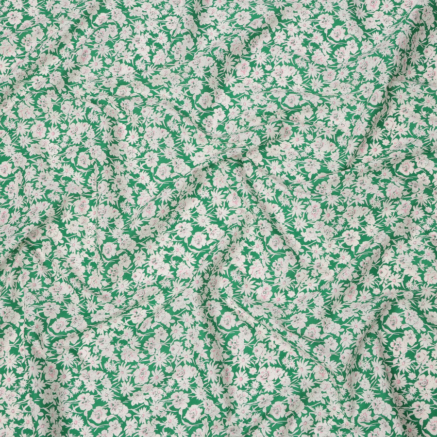 Emerald Green Cotton Lawn Fabric with White and Soft Pink Floral Print, 110 Cms Width, Made in Japan-D24179