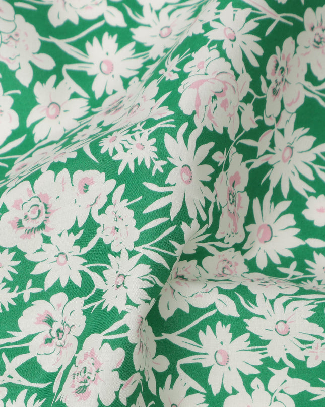 Emerald Green Cotton Lawn Fabric with White and Soft Pink Floral Print, 110 Cms Width, Made in Japan-D24179