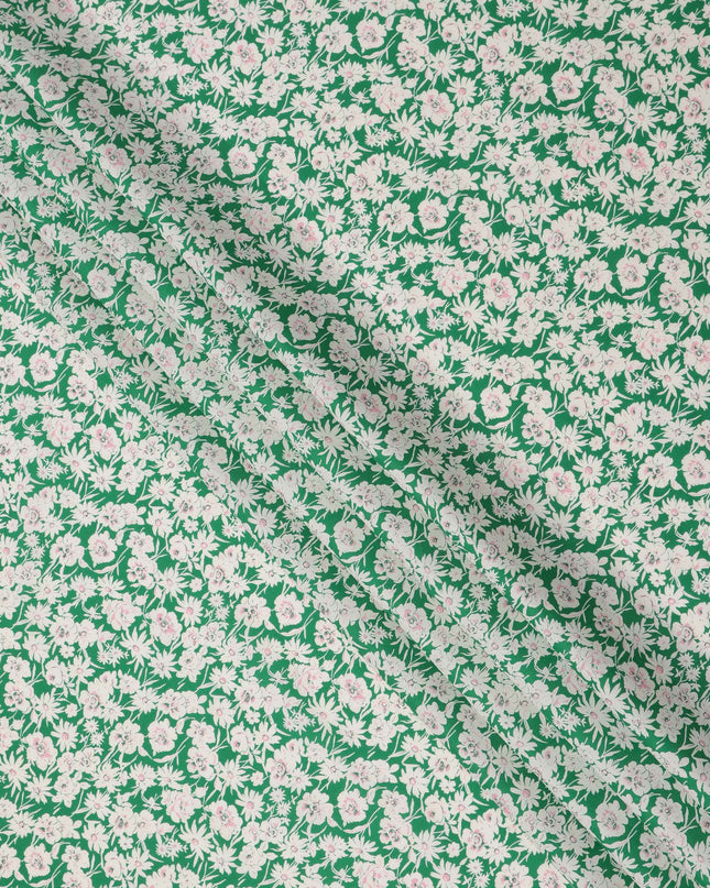 Emerald Green Cotton Lawn Fabric with White and Soft Pink Floral Print, 110 Cms Width, Made in Japan-D24179