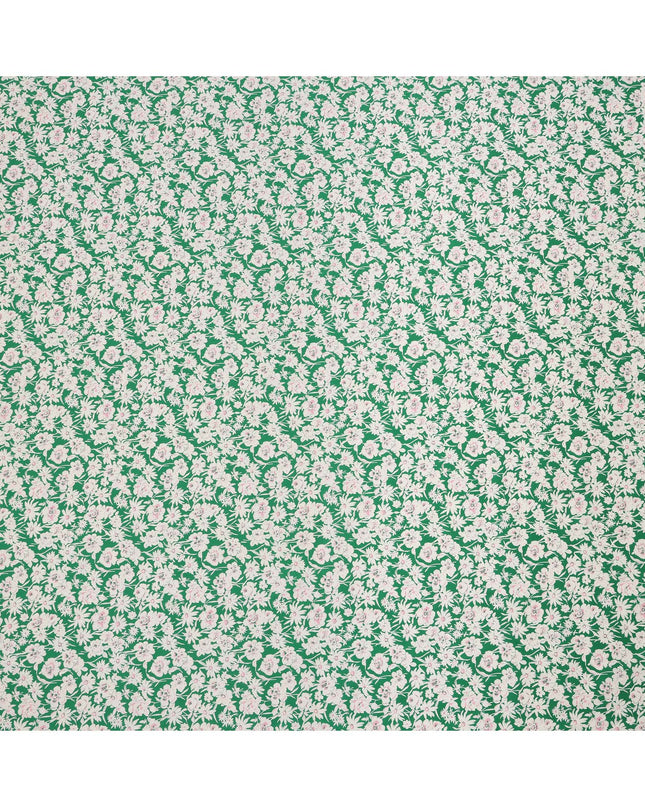 Emerald Green Cotton Lawn Fabric with White and Soft Pink Floral Print, 110 Cms Width, Made in Japan-D24179
