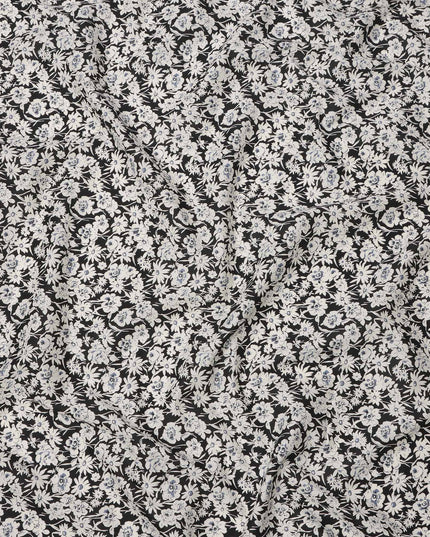 Black Cotton Lawn Fabric with White and Soft Blue Floral Print, 110 Cms Width, Made in Japan-D24180