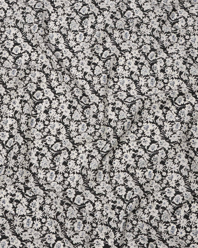 Black Cotton Lawn Fabric with White and Soft Blue Floral Print, 110 Cms Width, Made in Japan-D24180