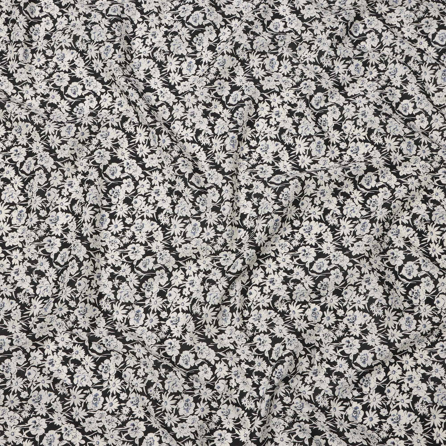 Black Cotton Lawn Fabric with White and Soft Blue Floral Print, 110 Cms Width, Made in Japan-D24180