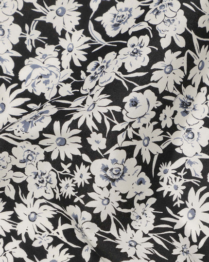 Black Cotton Lawn Fabric with White and Soft Blue Floral Print, 110 Cms Width, Made in Japan-D24180