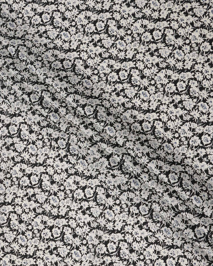 Black Cotton Lawn Fabric with White and Soft Blue Floral Print, 110 Cms Width, Made in Japan-D24180