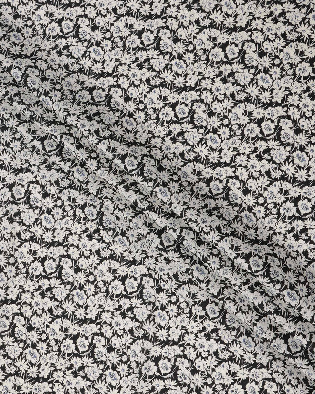 Black Cotton Lawn Fabric with White and Soft Blue Floral Print, 110 Cms Width, Made in Japan-D24180