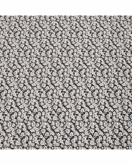 Black Cotton Lawn Fabric with White and Soft Blue Floral Print, 110 Cms Width, Made in Japan-D24180