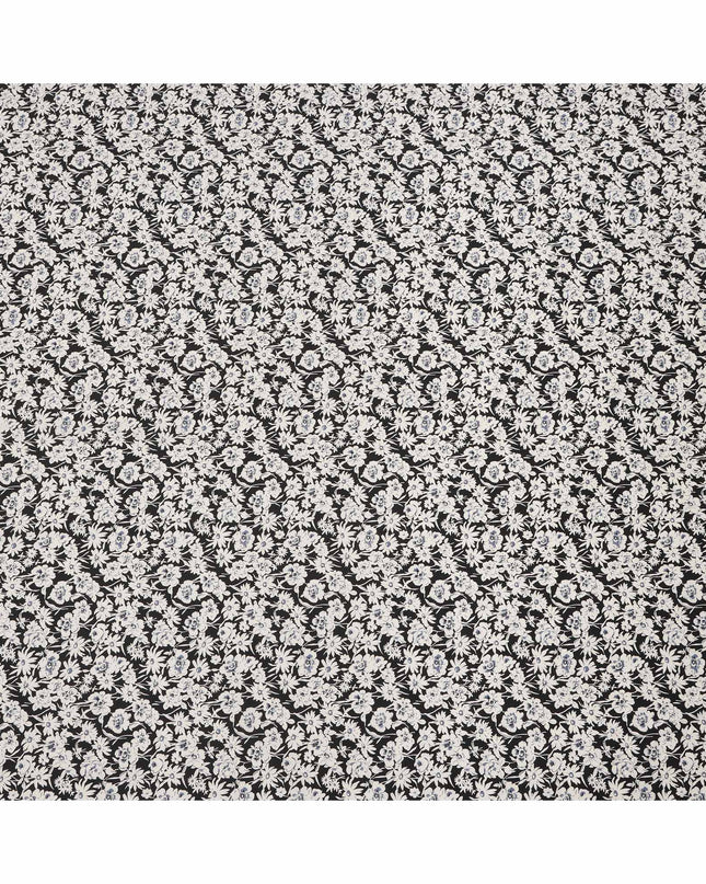 Black Cotton Lawn Fabric with White and Soft Blue Floral Print, 110 Cms Width, Made in Japan-D24180
