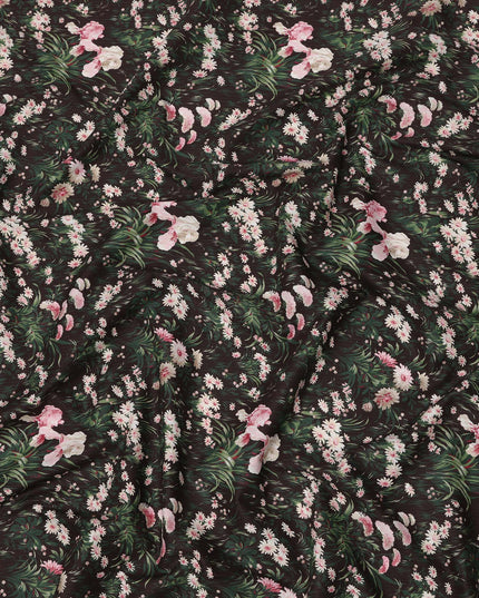 قماش قطني بلون بني شوكولاتة مع طبعة زهور باللونين الوردي والأبيض، عرض 110 سم، صنع في اليابان - D24181