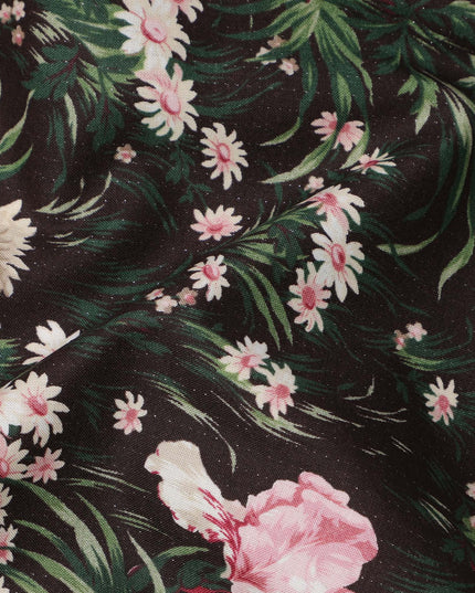 قماش قطني بلون بني شوكولاتة مع طبعة زهور باللونين الوردي والأبيض، عرض 110 سم، صنع في اليابان - D24181