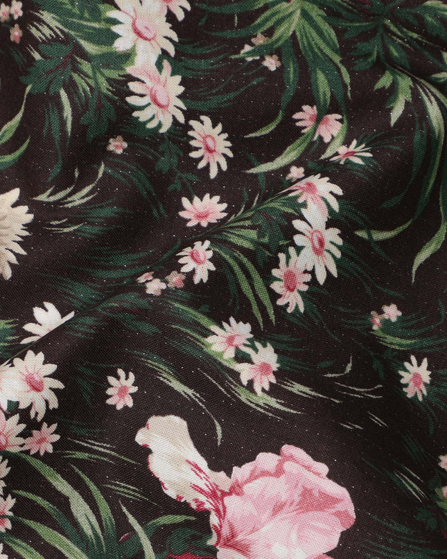 قماش قطني بلون بني شوكولاتة مع طبعة زهور باللونين الوردي والأبيض، عرض 110 سم، صنع في اليابان - D24181