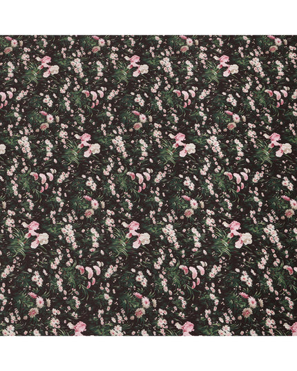 قماش قطني بلون بني شوكولاتة مع طبعة زهور باللونين الوردي والأبيض، عرض 110 سم، صنع في اليابان - D24181