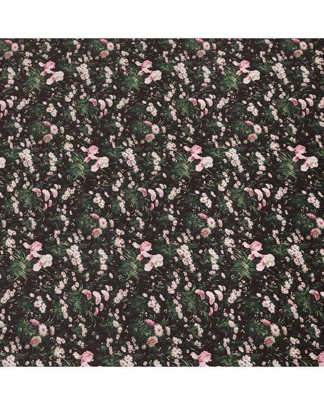 قماش قطني بلون بني شوكولاتة مع طبعة زهور باللونين الوردي والأبيض، عرض 110 سم، صنع في اليابان - D24181