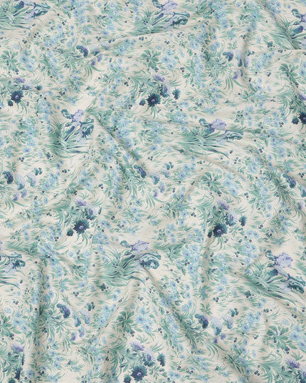 Ivory Cotton Lawn Fabric with Mint Green and Blue Botanical Floral Print, 110 Cms Width, Made in Japan-D24182