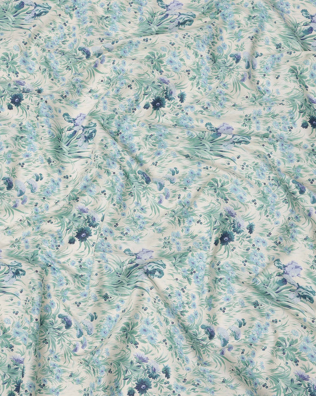 Ivory Cotton Lawn Fabric with Mint Green and Blue Botanical Floral Print, 110 Cms Width, Made in Japan-D24182